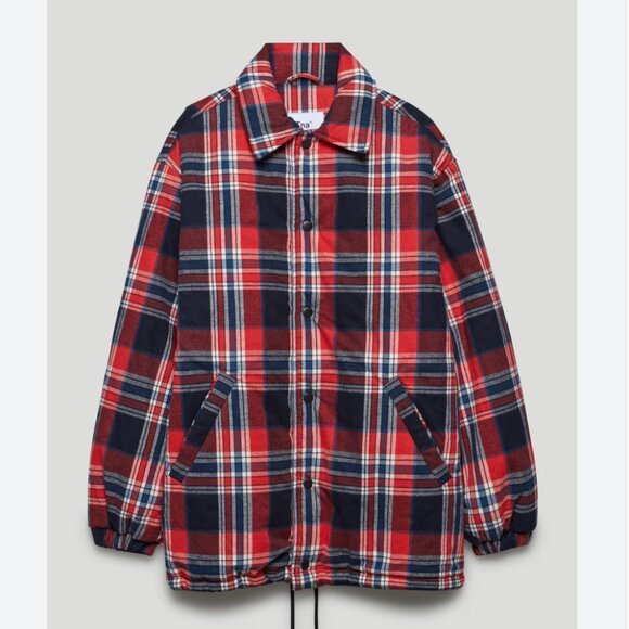 Aritzia Tna Coaches Jacket Oversized Down Filled Flannel Puffer Jacket Red Plaid - Picture 2 of 10
